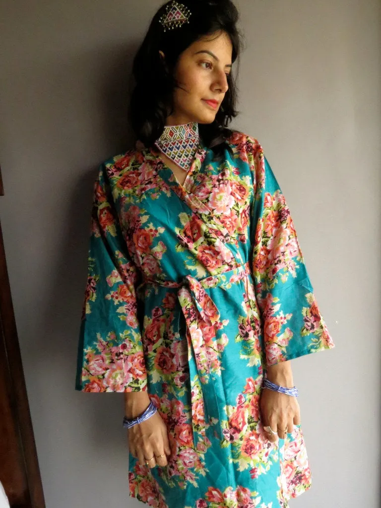 Teal Floral Knee Length, Kimono Crossover Belted Robe-C2 fabric Code