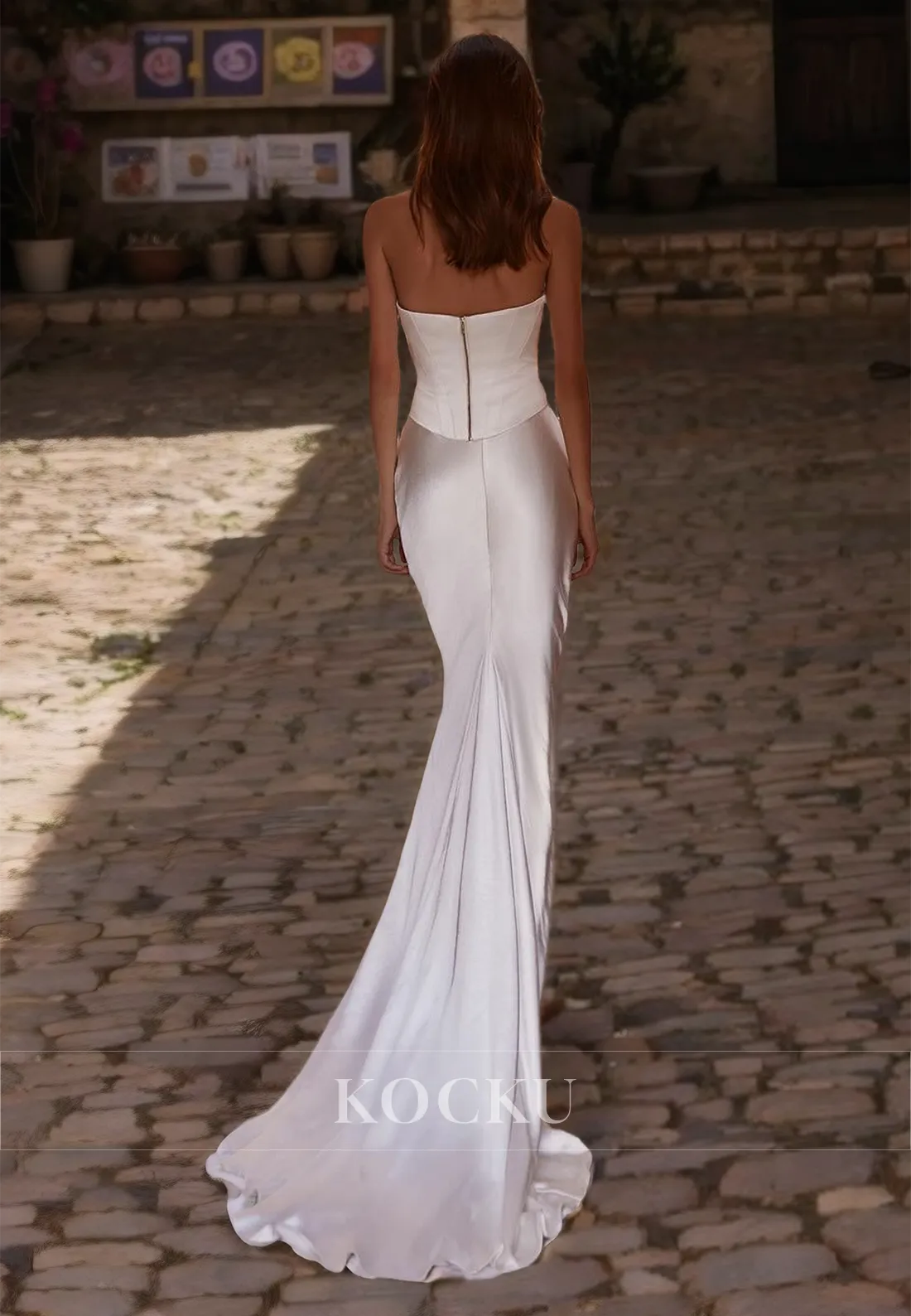 Tube Top Sleeveless Mermaid Beach Gowns Sweep Train Ruched Satin Boho Wedding Dress