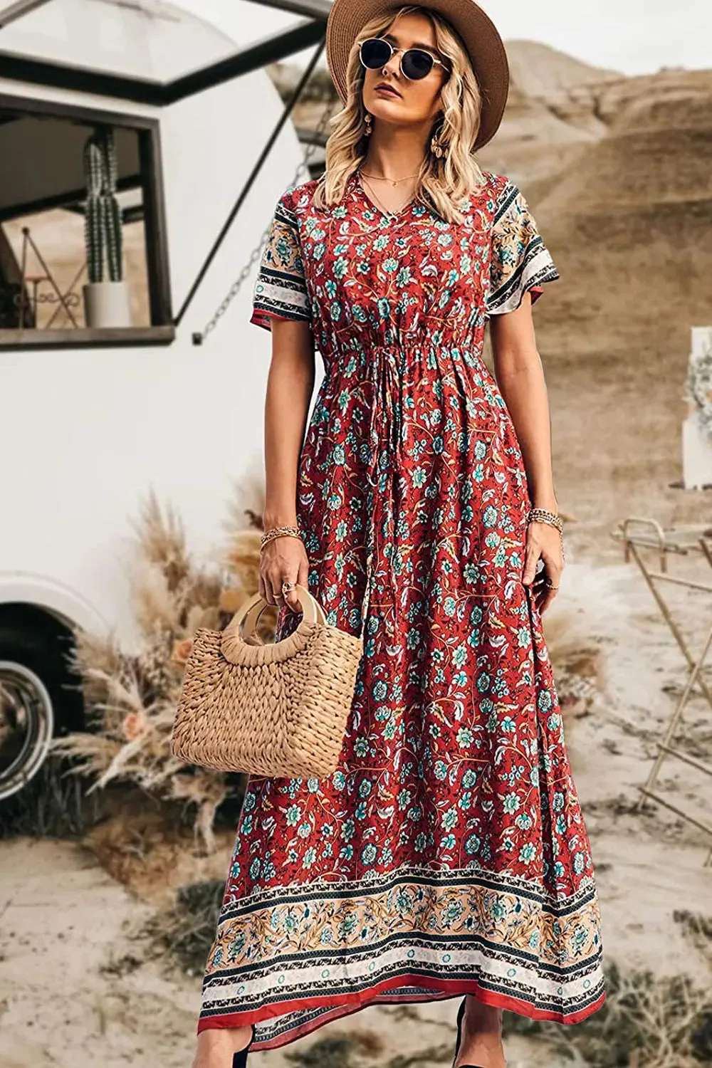 V Neck Floral Print Summer Boho High Waist Long Dresses