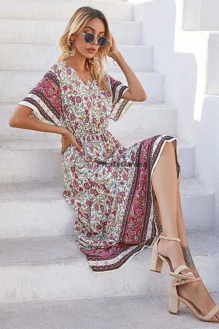 V Neck Floral Print Summer Boho High Waist Long Dresses