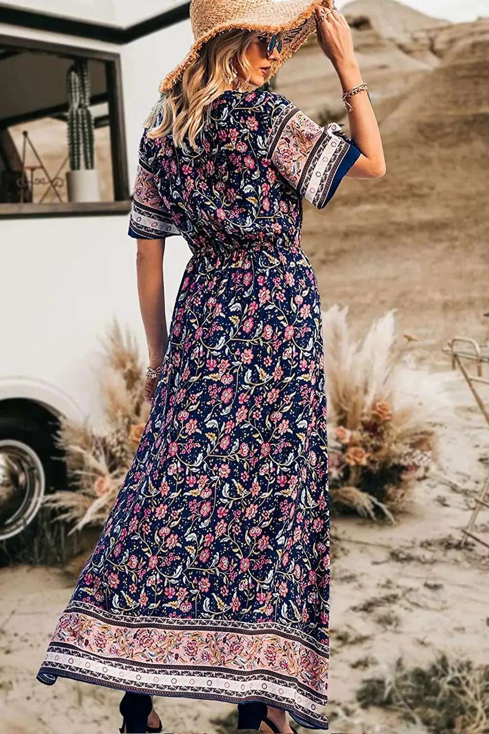 V Neck Floral Print Summer Boho High Waist Long Dresses