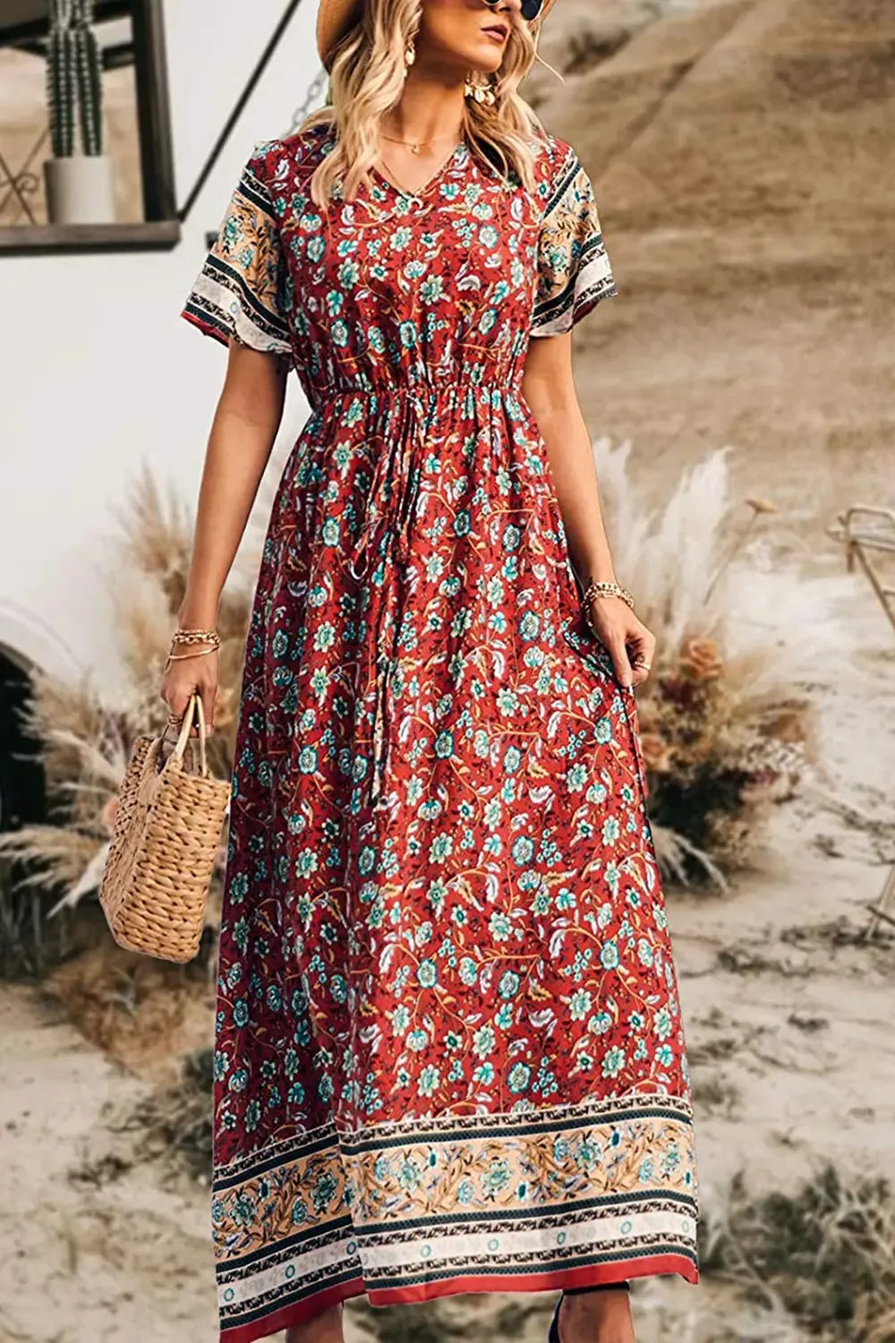 V Neck Floral Print Summer Boho High Waist Long Dresses