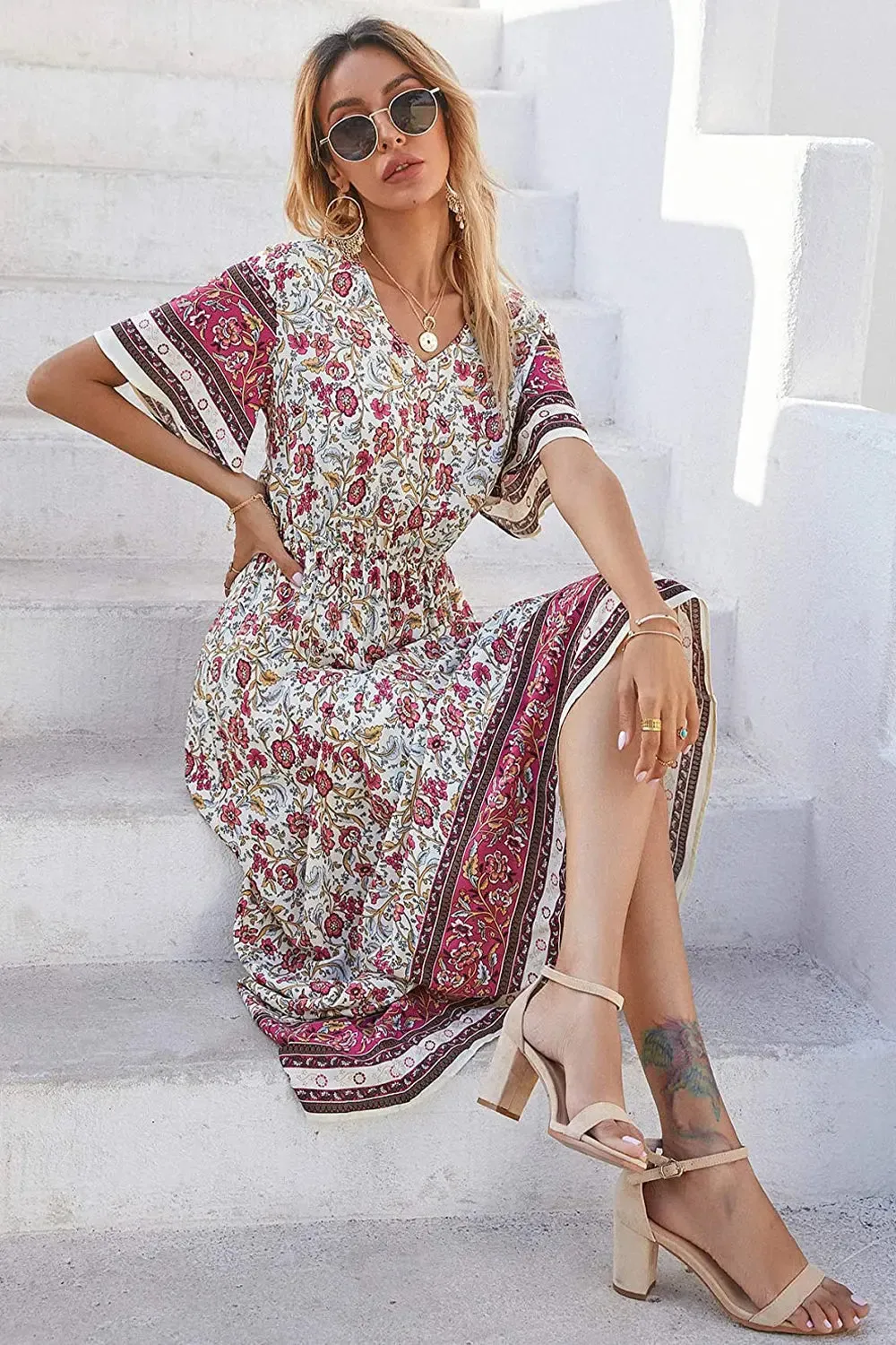 V Neck Floral Print Summer Boho High Waist Long Dresses