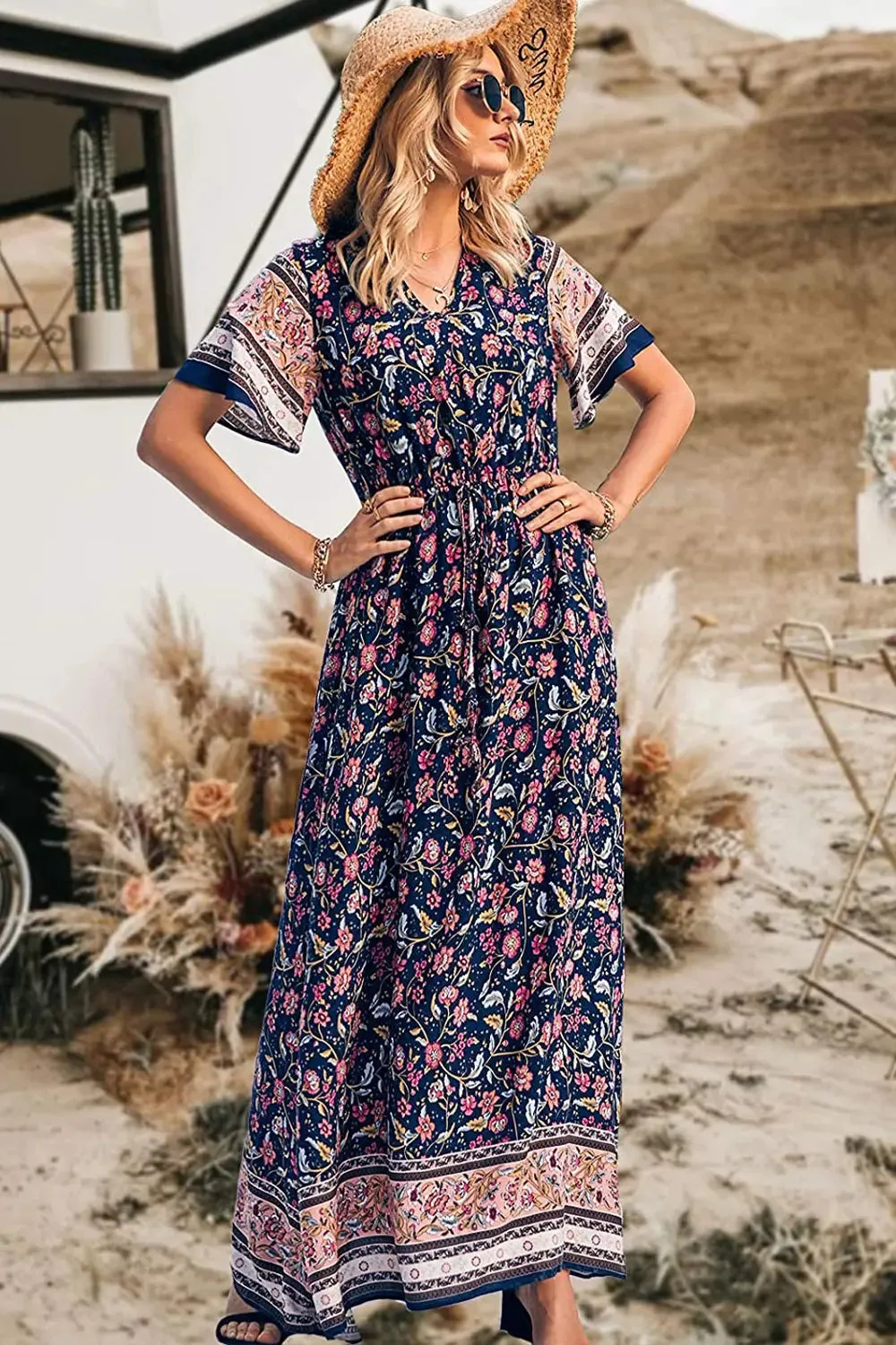 V Neck Floral Print Summer Boho High Waist Long Dresses