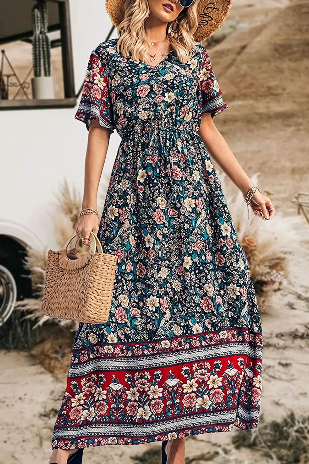 V Neck Floral Print Summer Boho High Waist Long Dresses