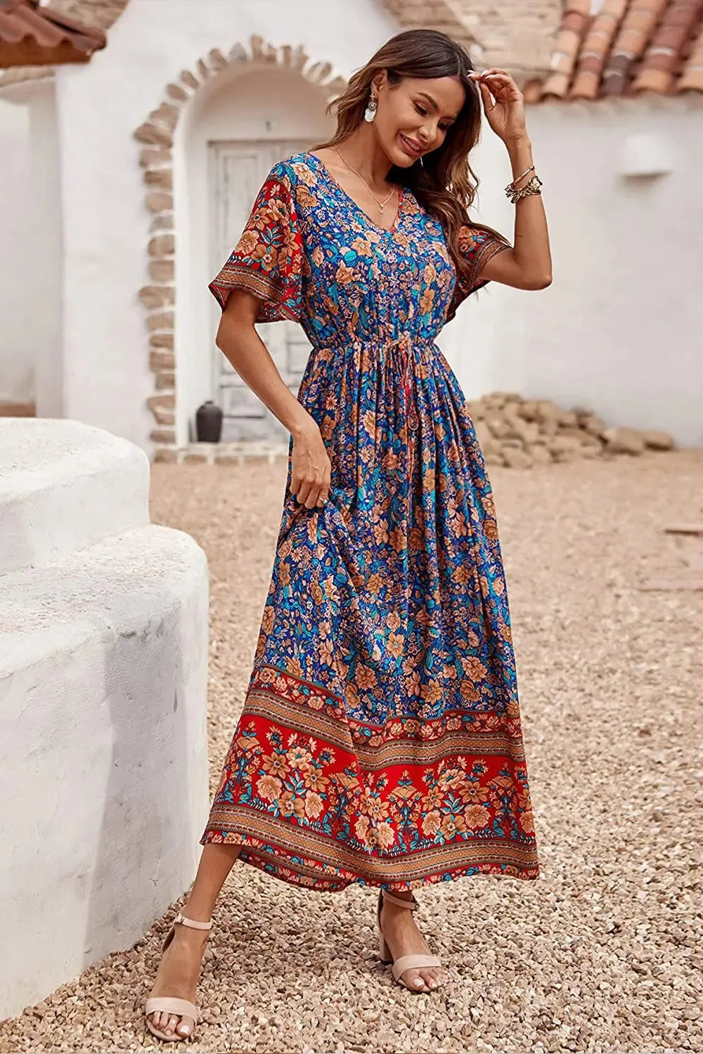 V Neck Floral Print Summer Boho High Waist Long Dresses