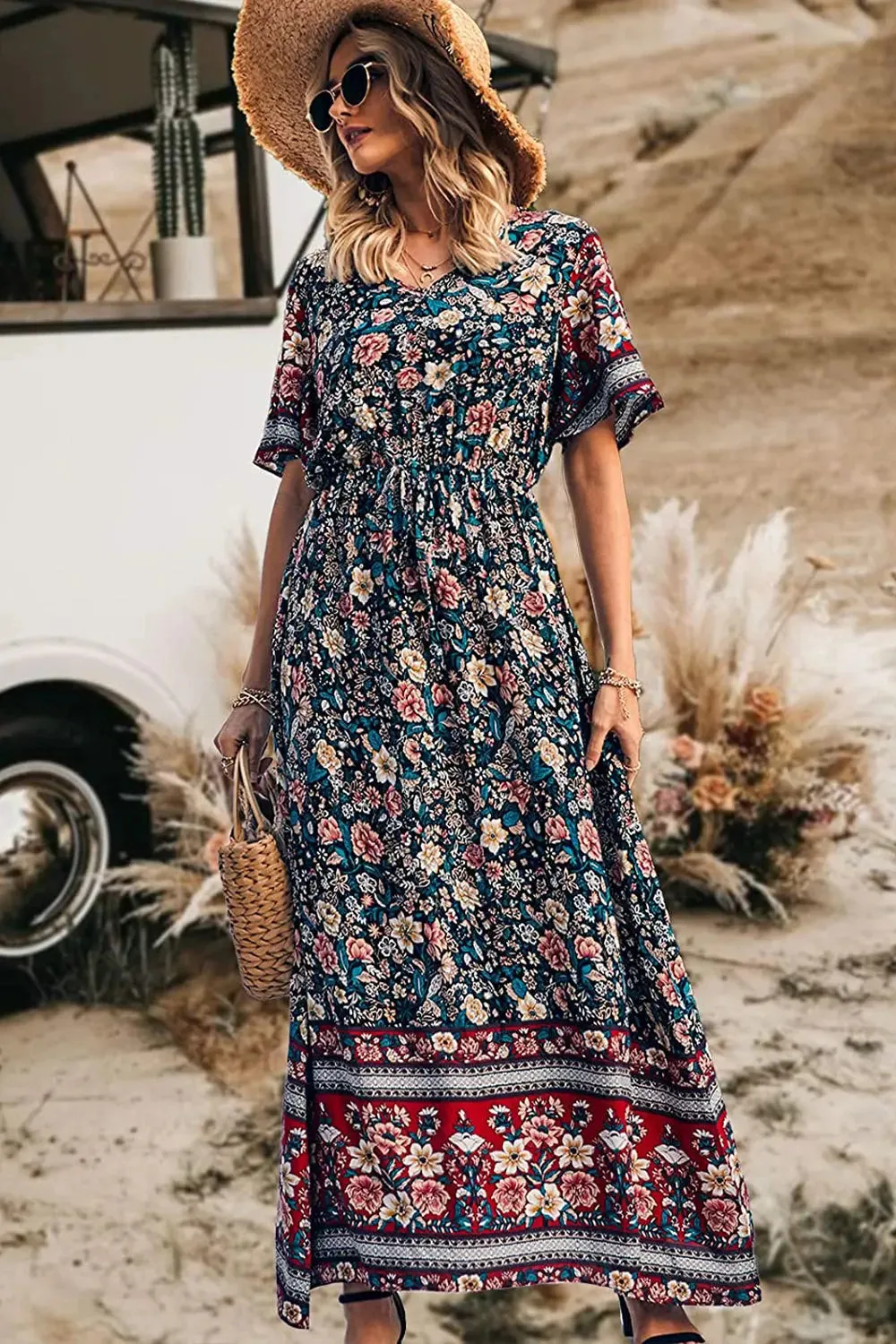 V Neck Floral Print Summer Boho High Waist Long Dresses