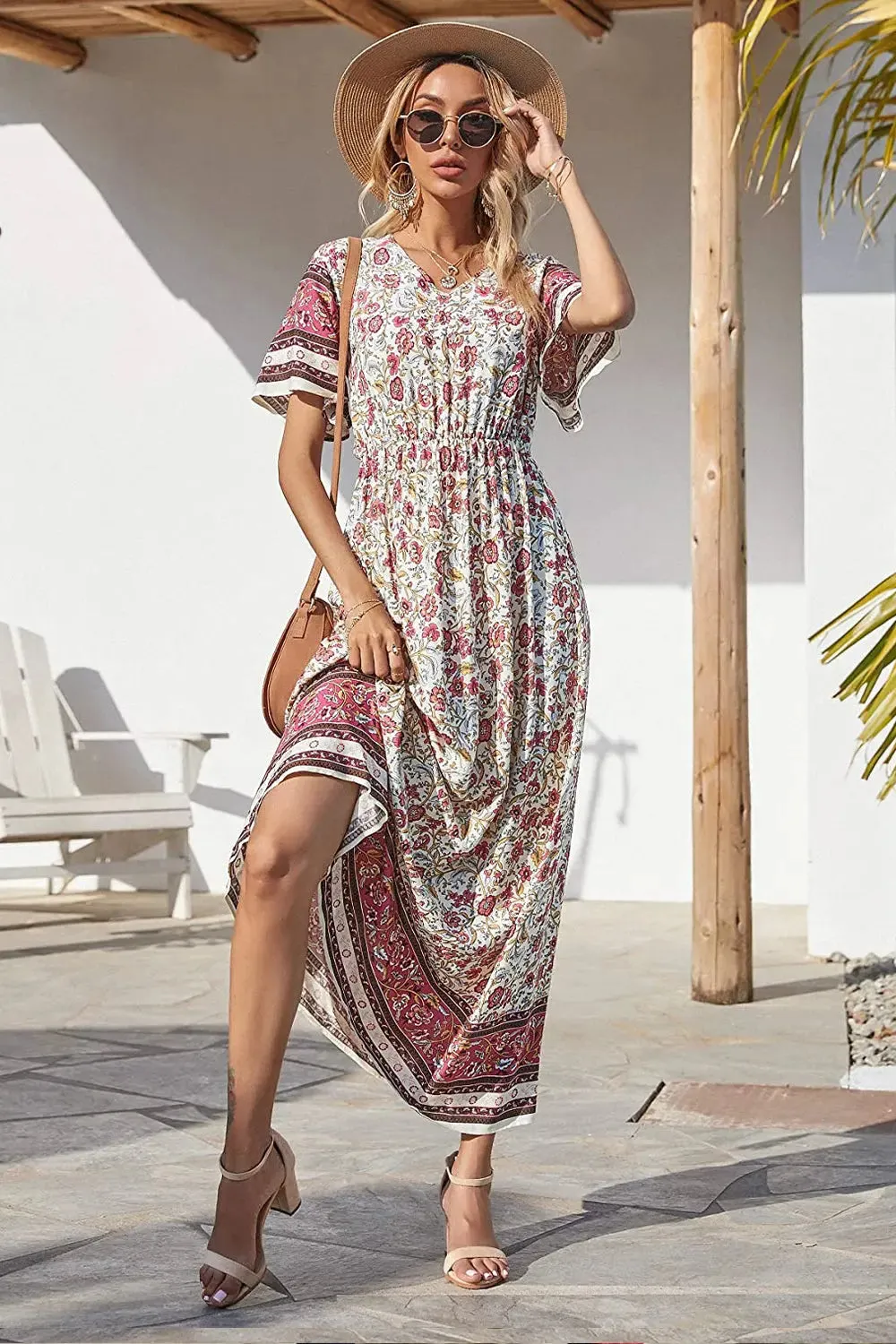 V Neck Floral Print Summer Boho High Waist Long Dresses