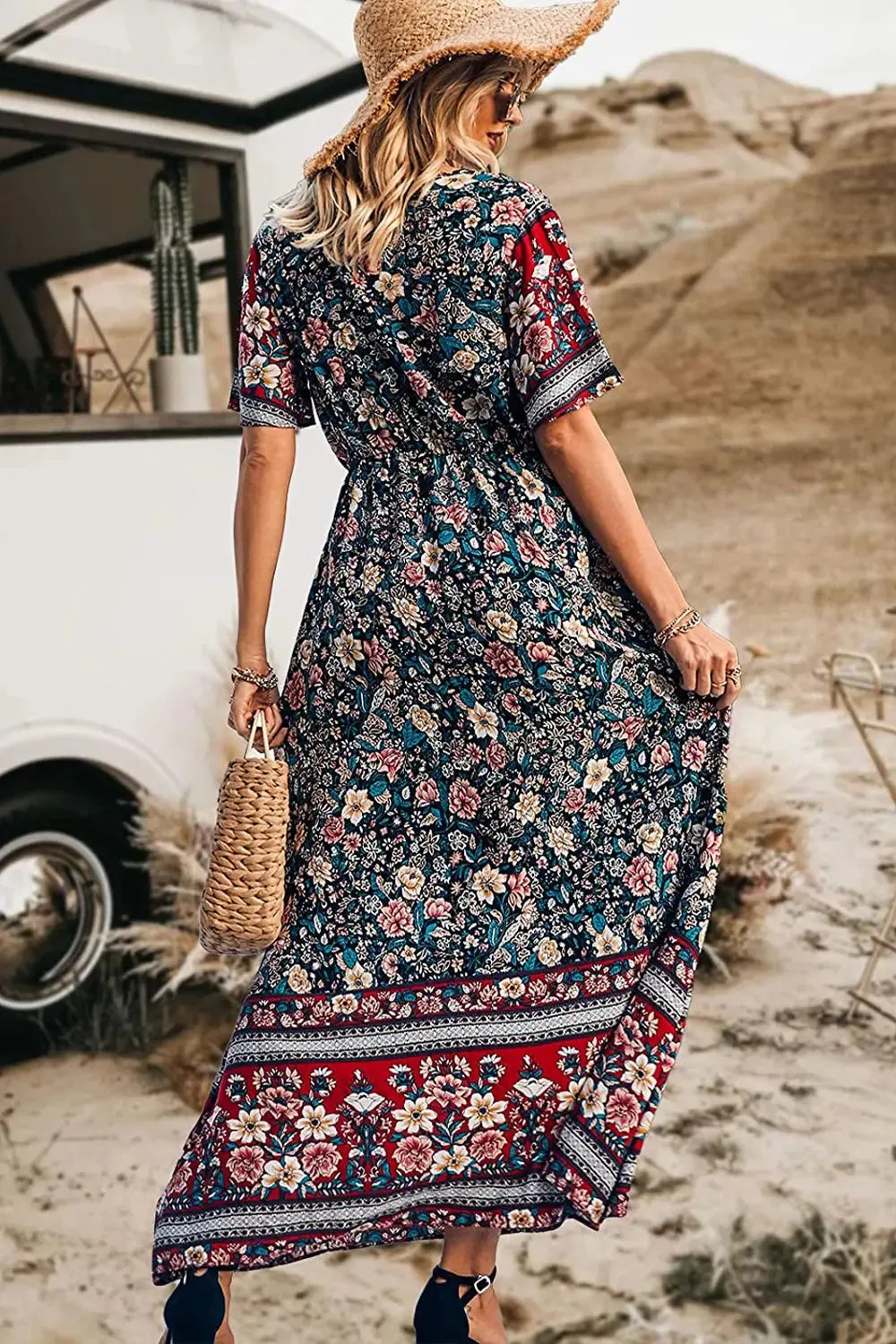 V Neck Floral Print Summer Boho High Waist Long Dresses