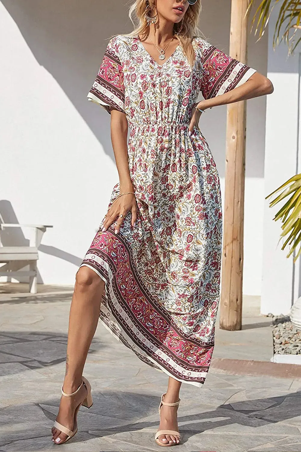 V Neck Floral Print Summer Boho High Waist Long Dresses