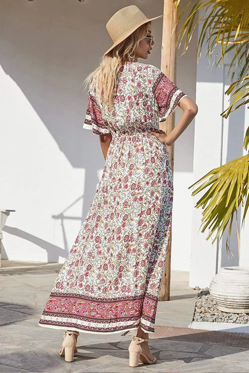 V Neck Floral Print Summer Boho High Waist Long Dresses