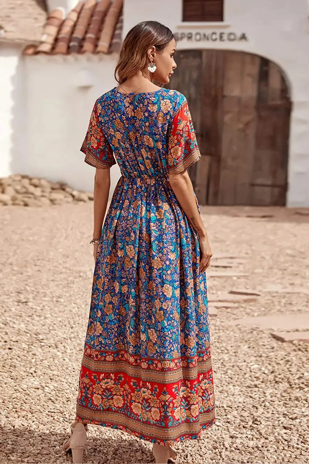 V Neck Floral Print Summer Boho High Waist Long Dresses