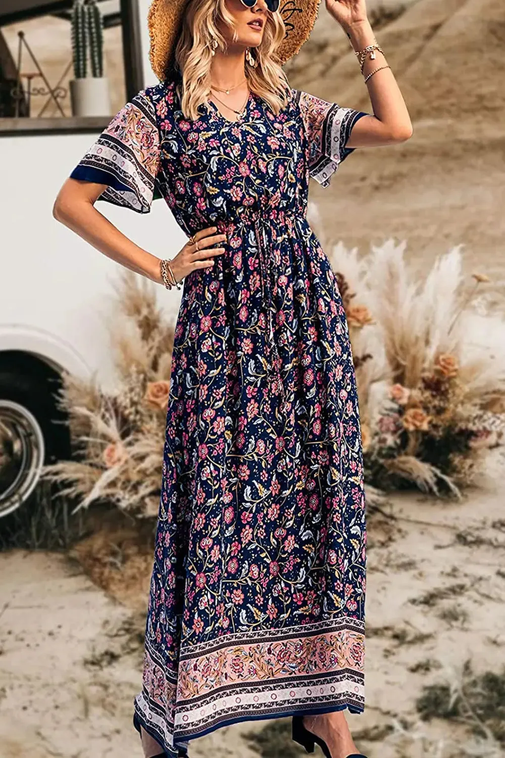 V Neck Floral Print Summer Boho High Waist Long Dresses