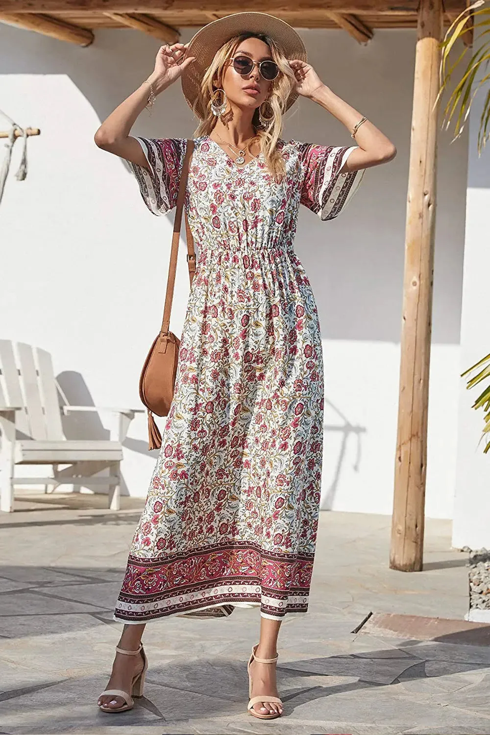 V Neck Floral Print Summer Boho High Waist Long Dresses