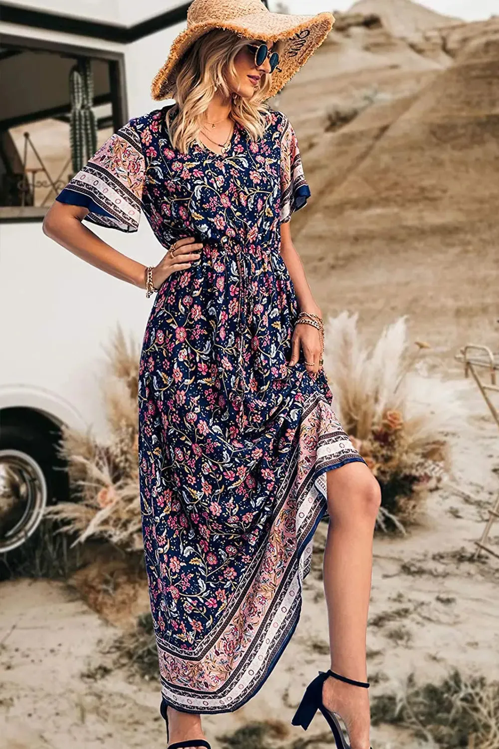 V Neck Floral Print Summer Boho High Waist Long Dresses