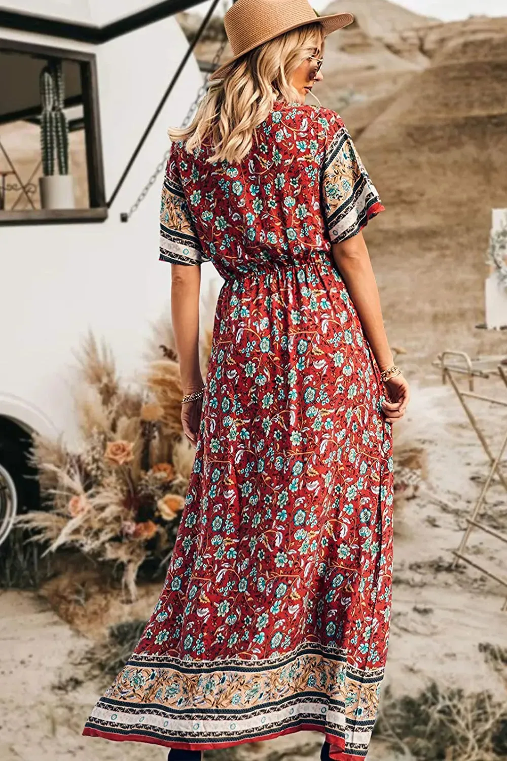 V Neck Floral Print Summer Boho High Waist Long Dresses