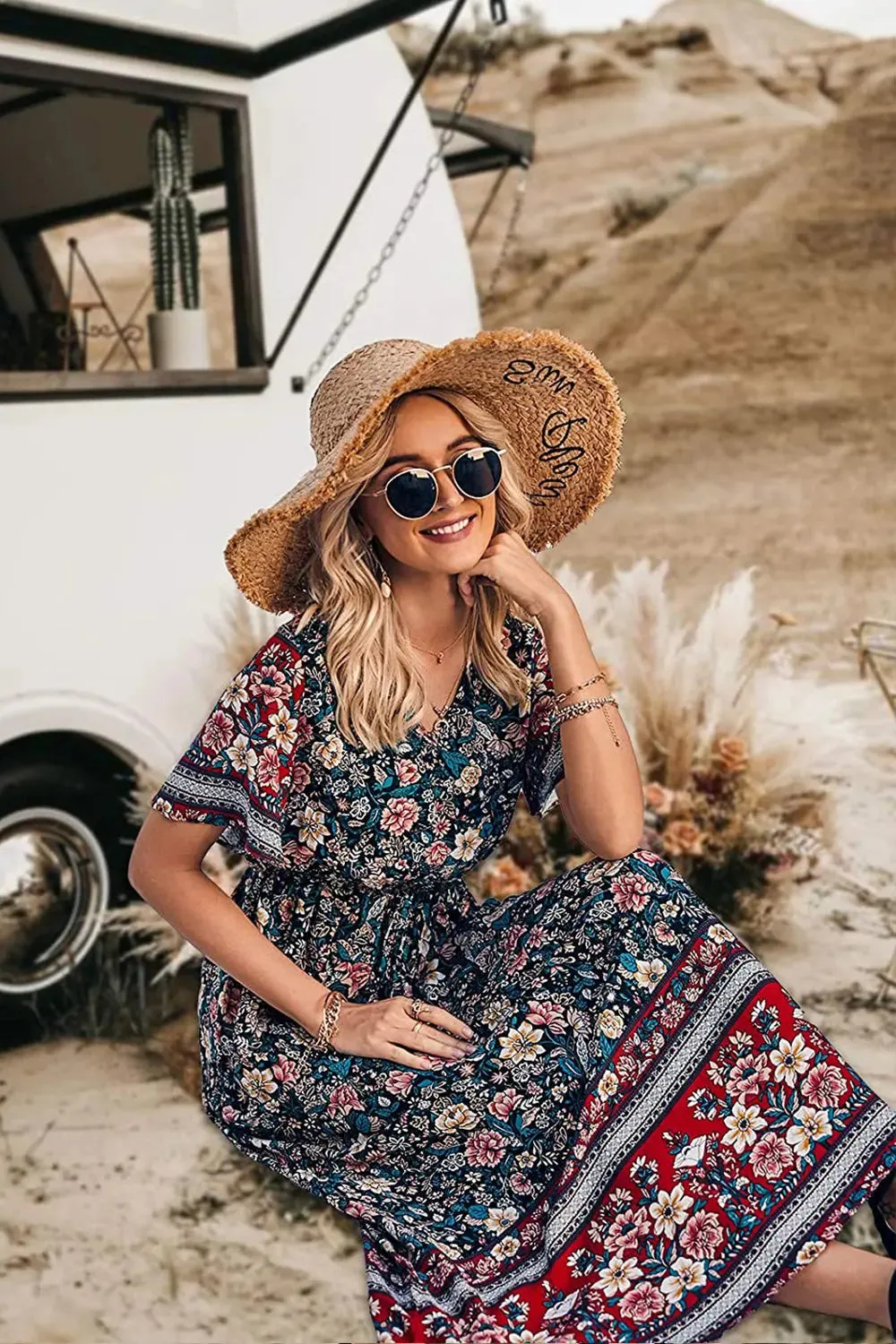 V Neck Floral Print Summer Boho High Waist Long Dresses