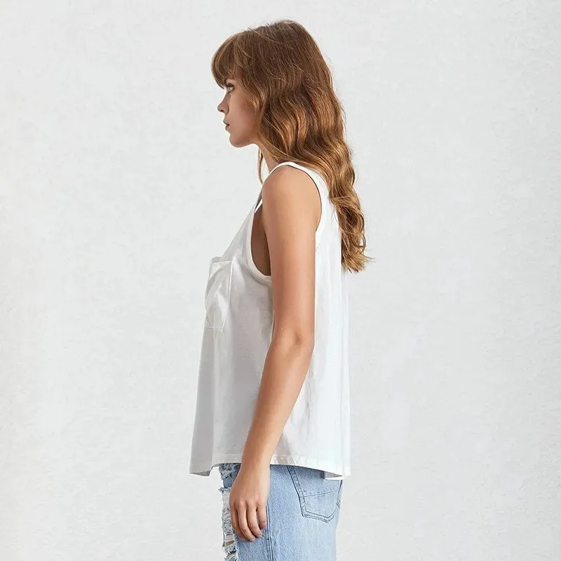 V Neck Vest Top For Women Basic Pocket Patchwork Big Size Female T-shirt Vests Summer Fashion Casual Clothing