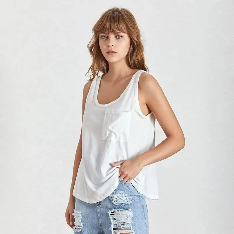 V Neck Vest Top For Women Basic Pocket Patchwork Big Size Female T-shirt Vests Summer Fashion Casual Clothing