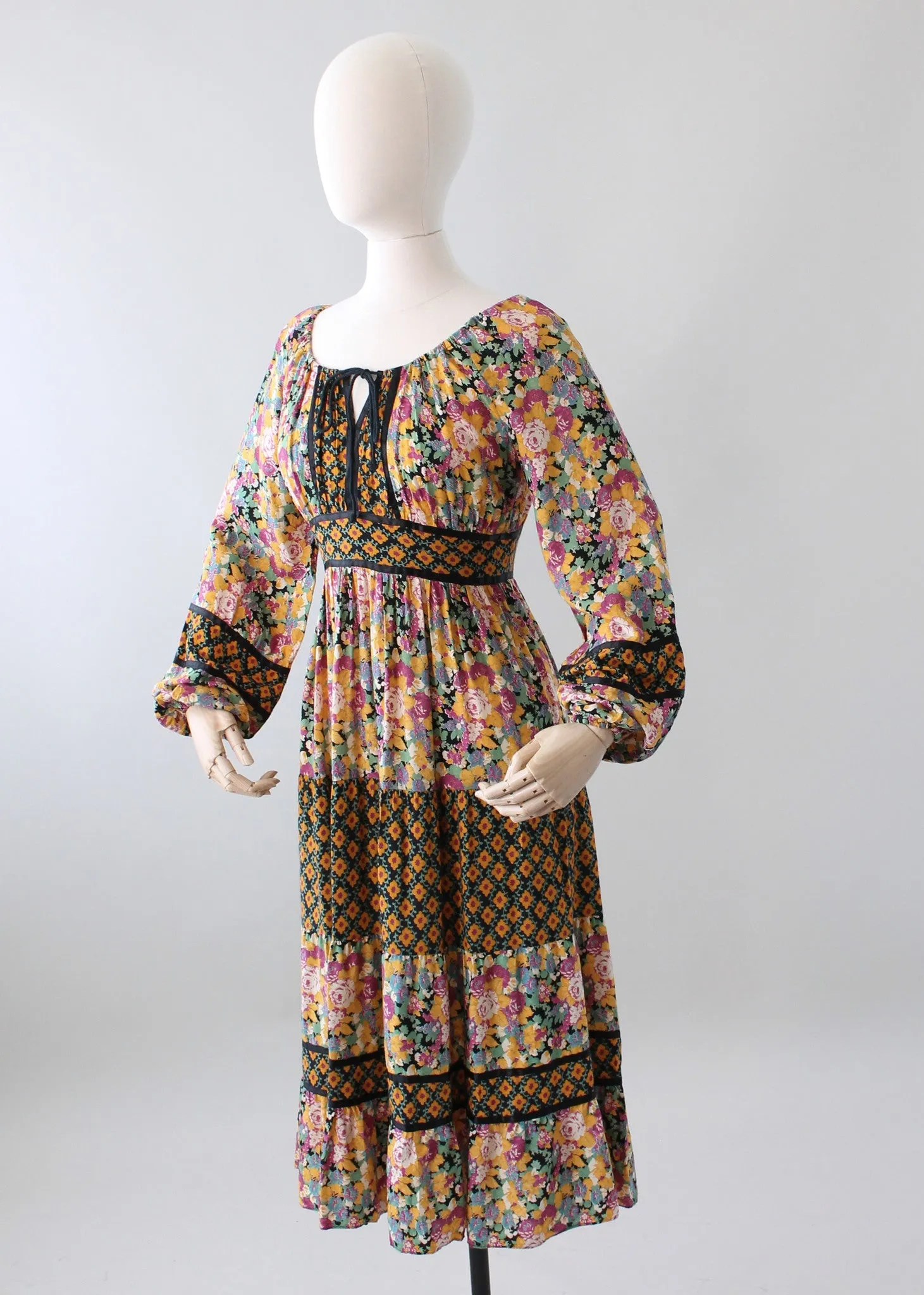 Vintage 1970s Mixed Florals Peasant Dress