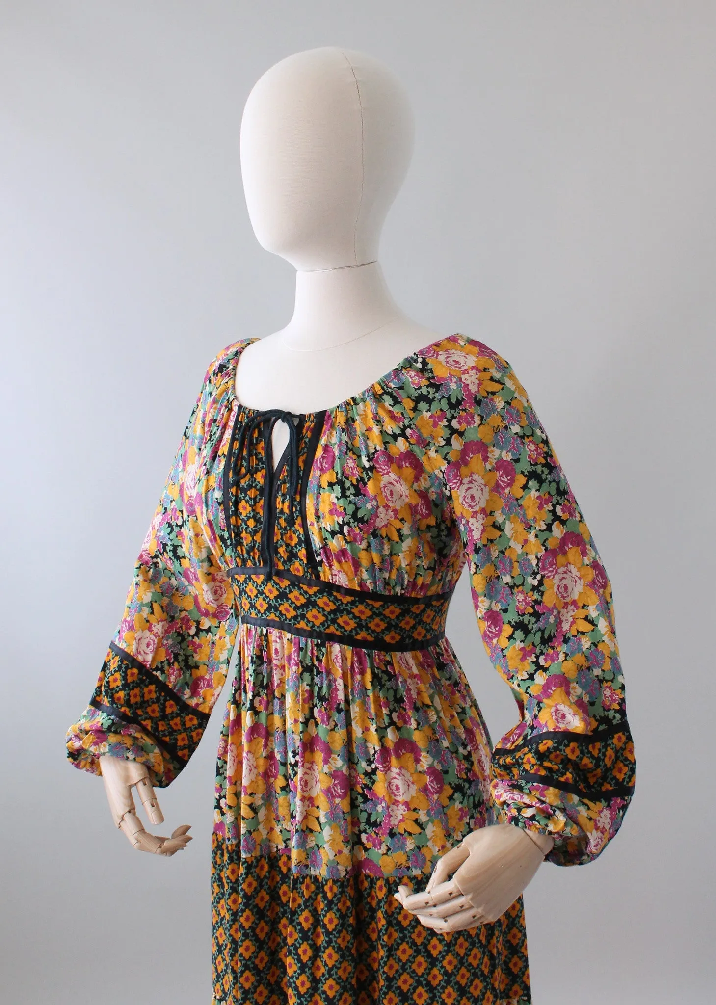 Vintage 1970s Mixed Florals Peasant Dress