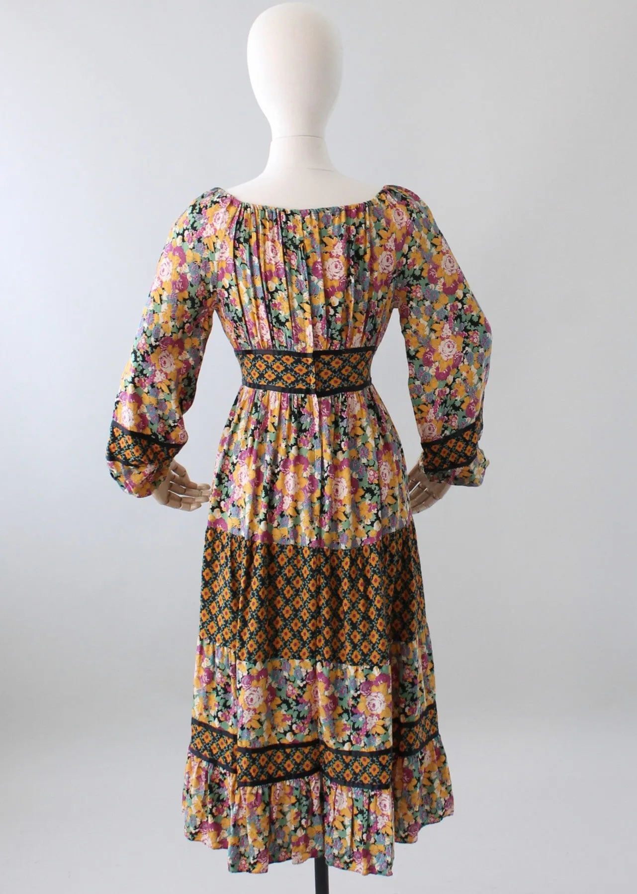 Vintage 1970s Mixed Florals Peasant Dress