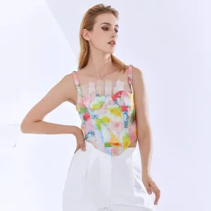 Vintage Ruffles Vest For Women Square Collar Sleeveless Hit Color Sling Short Vests Female Summer Clothing