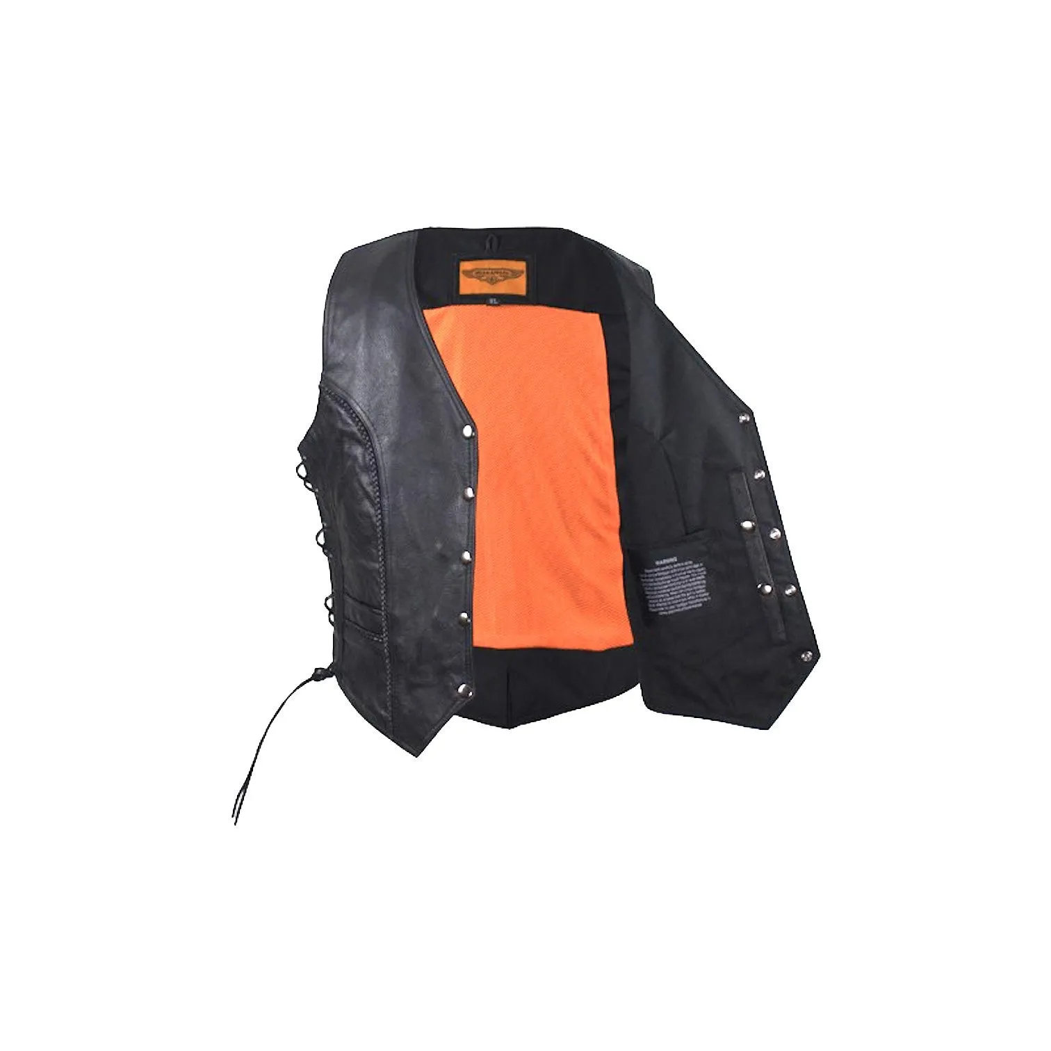 Women's Black Naked Leather Motorcycle Vest With Braid on Front and Back Side Laces