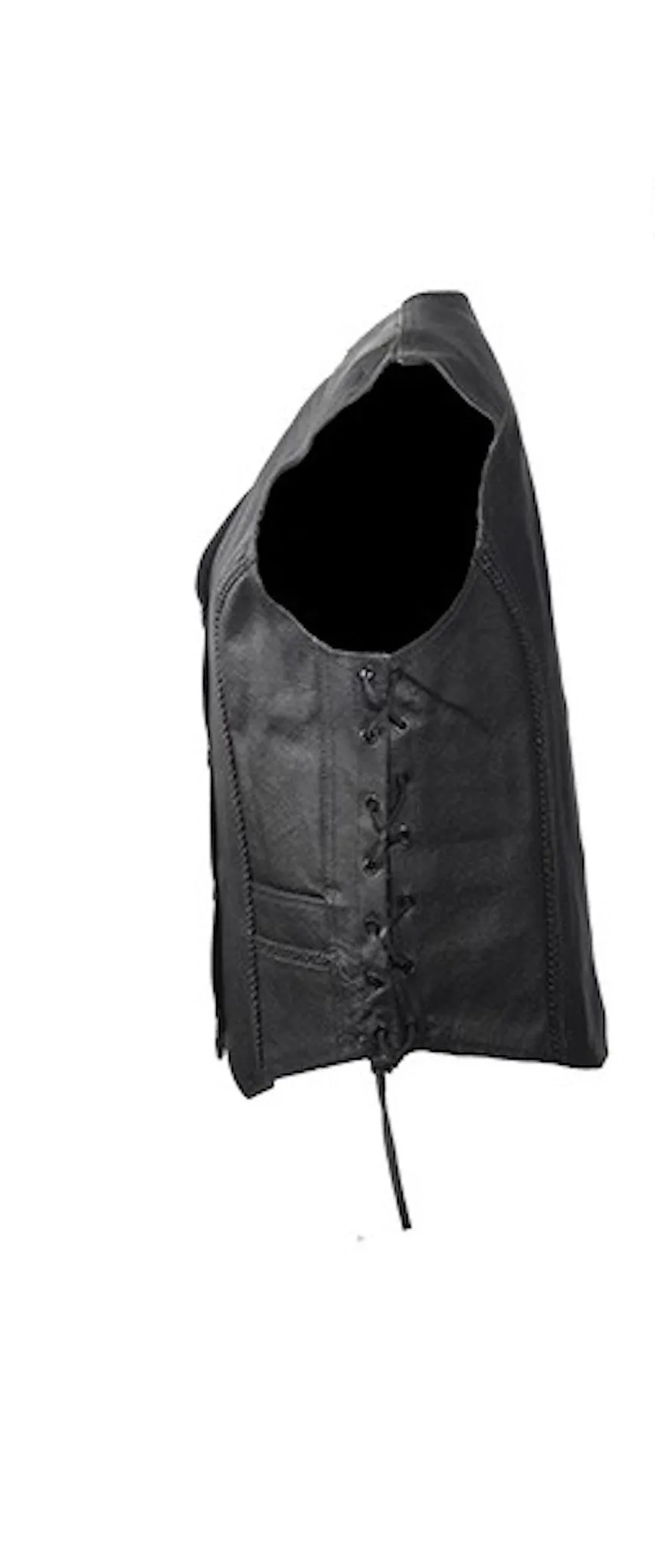 Women's Black Naked Leather Motorcycle Vest With Braid on Front and Back Side Laces