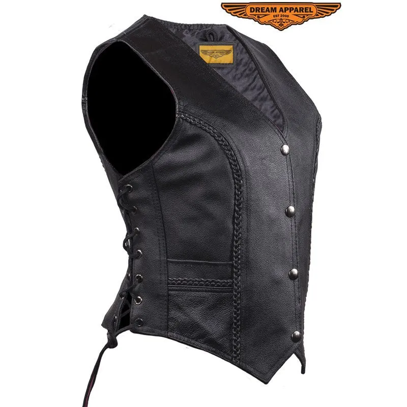 Women's Black Naked Leather Motorcycle Vest With Braid on Front and Back Side Laces