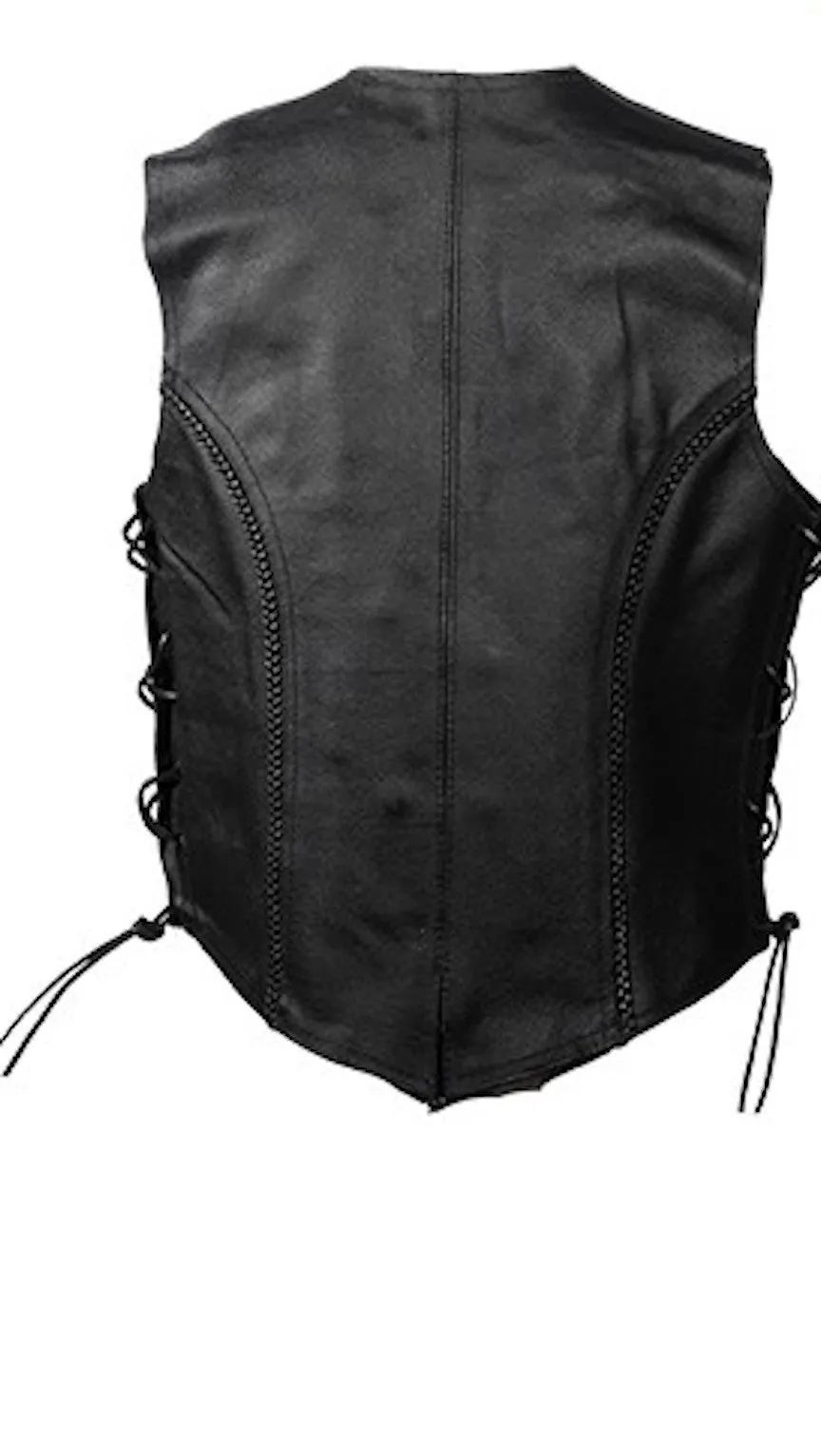 Women's Black Naked Leather Motorcycle Vest With Braid on Front and Back Side Laces