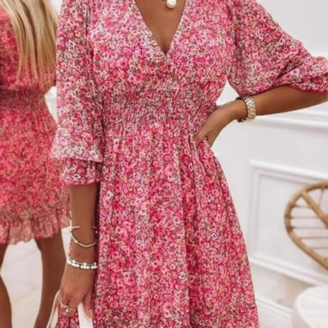 Women's Dresses Puff Sleeve Floral Print Ruched Waist V-Neck Boho Dresses