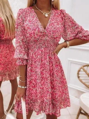 Women's Dresses Puff Sleeve Floral Print Ruched Waist V-Neck Boho Dresses
