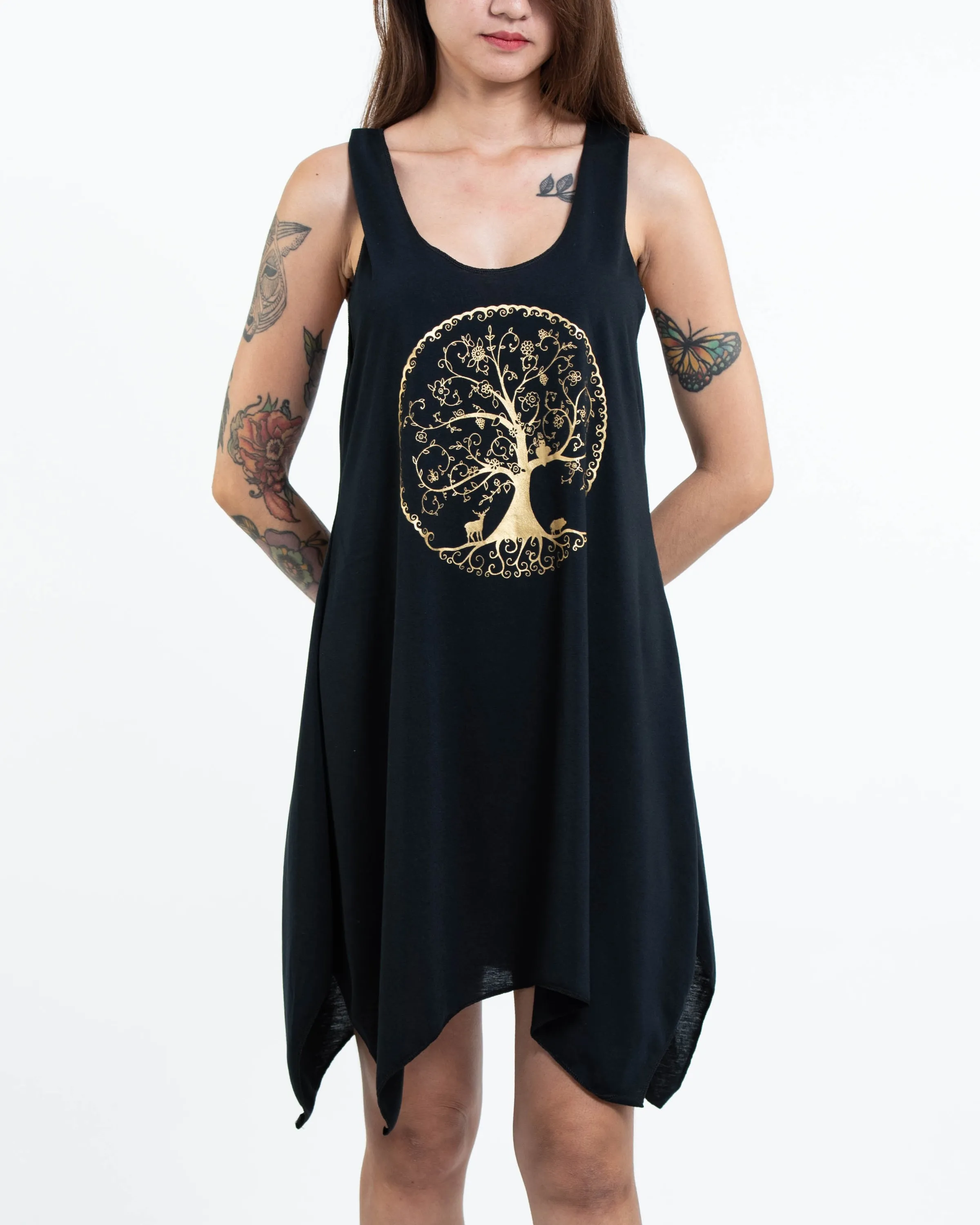 Womens Living Tree Tank Dress in Gold on Black