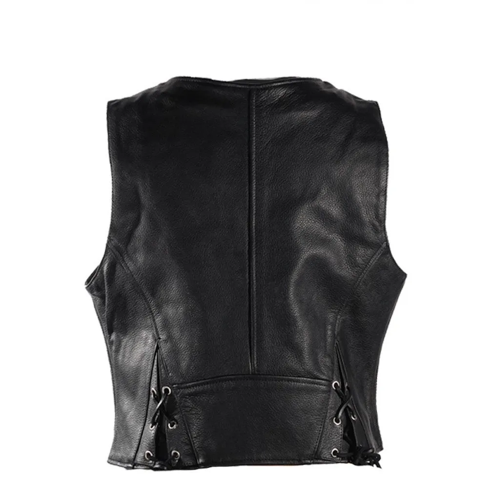 Women's Motorcycle Biker Naked Leather Vest With Gun Pockets Zip Front