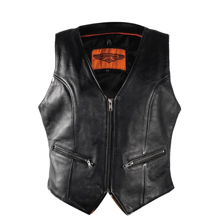 Women's Motorcycle Biker Naked Leather Vest With Gun Pockets Zip Front