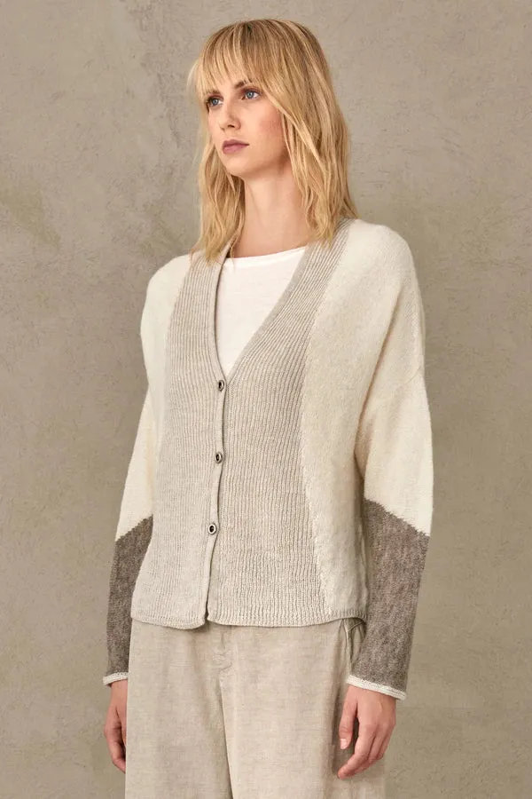 Wool Blend Color Block Cardigan - Ivory Multi