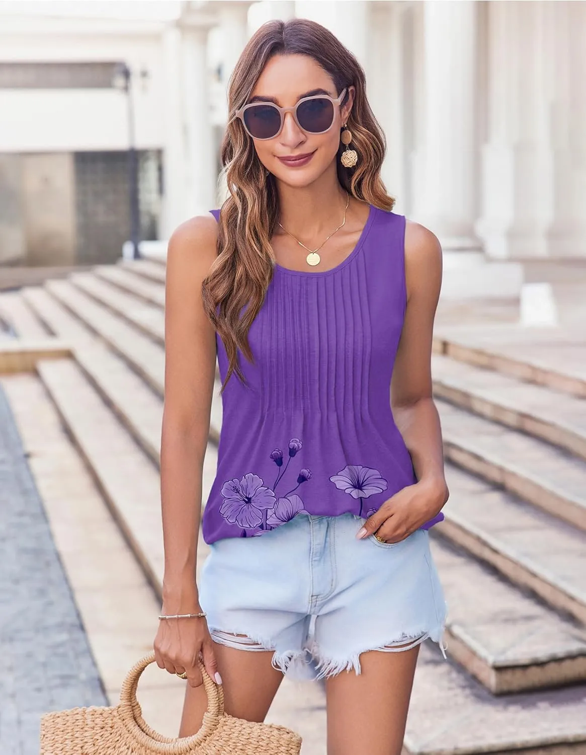 Zeagoo Women's Tank Tops Pleated Floral Flowy Boho Tunic Shirts