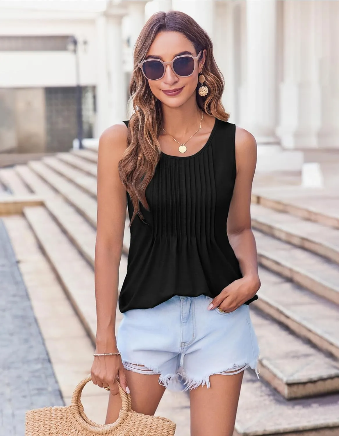 Zeagoo Women's Tank Tops Pleated Floral Flowy Boho Tunic Shirts