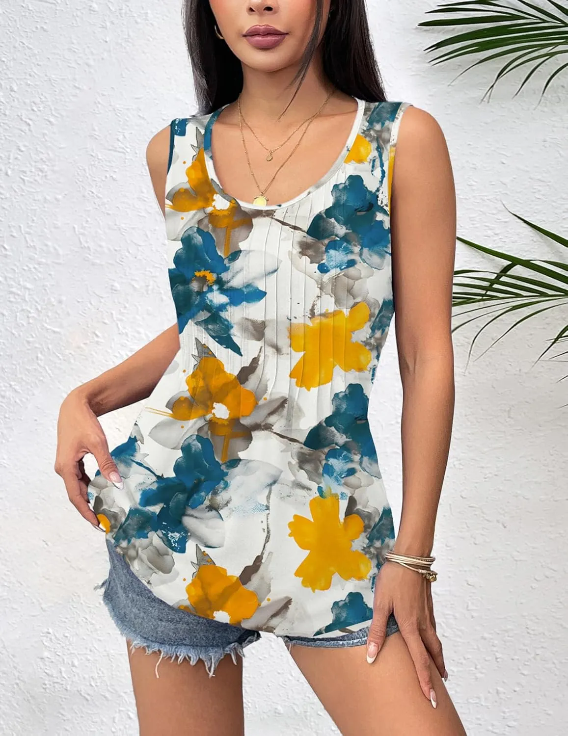Zeagoo Women's Tank Tops Pleated Floral Flowy Boho Tunic Shirts
