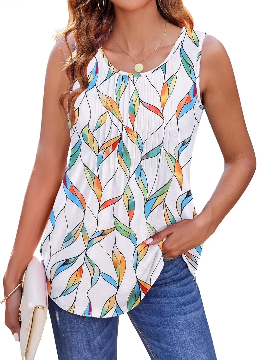 Zeagoo Women's Tank Tops Pleated Floral Flowy Boho Tunic Shirts