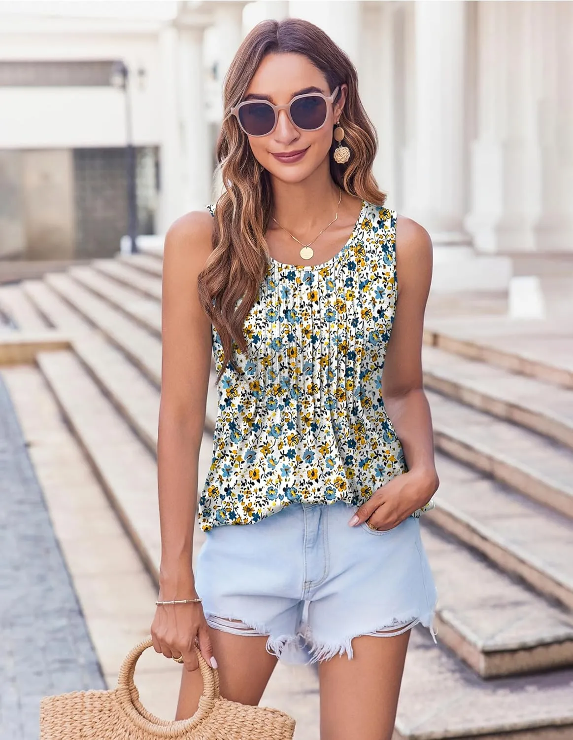 Zeagoo Women's Tank Tops Pleated Floral Flowy Boho Tunic Shirts
