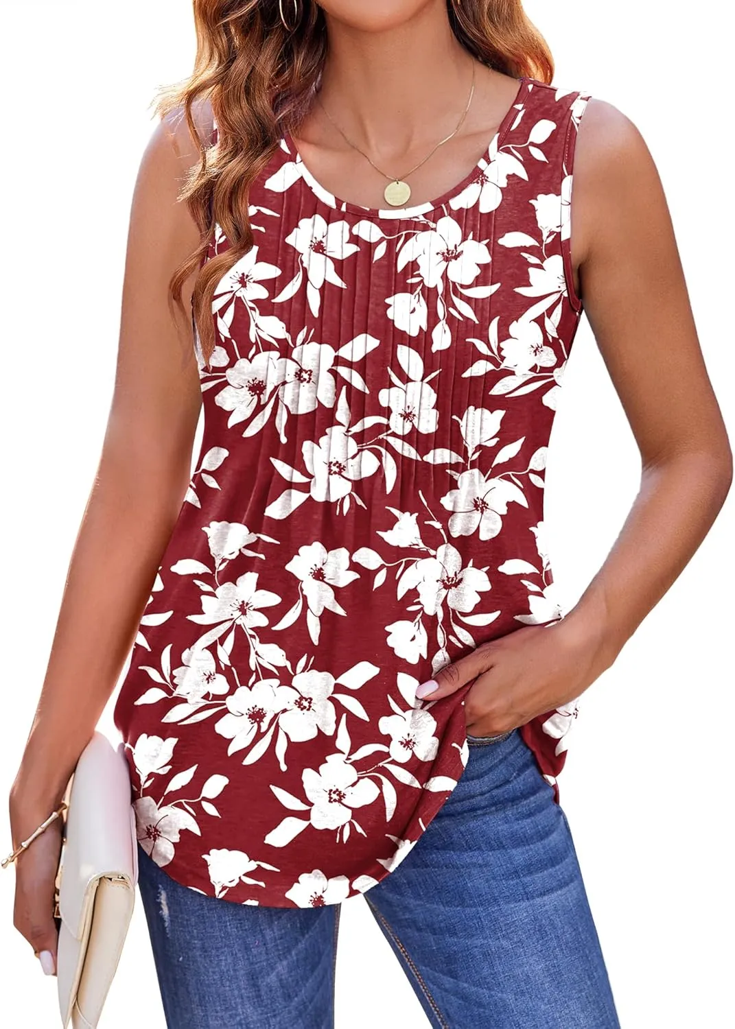 Zeagoo Women's Tank Tops Pleated Floral Flowy Boho Tunic Shirts