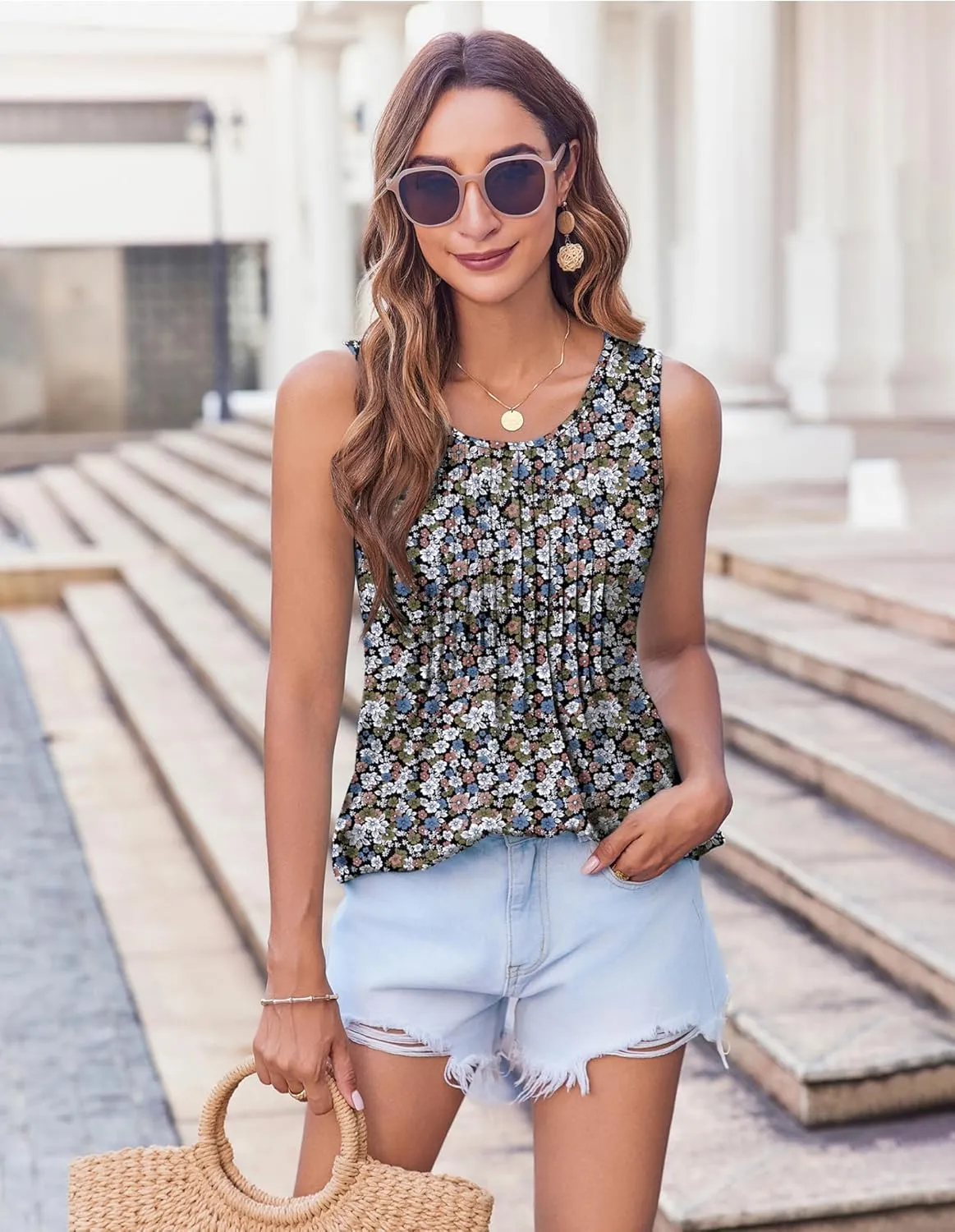 Zeagoo Women's Tank Tops Pleated Floral Flowy Boho Tunic Shirts