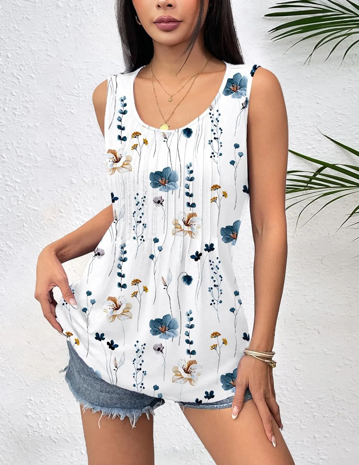 Zeagoo Women's Tank Tops Pleated Floral Flowy Boho Tunic Shirts
