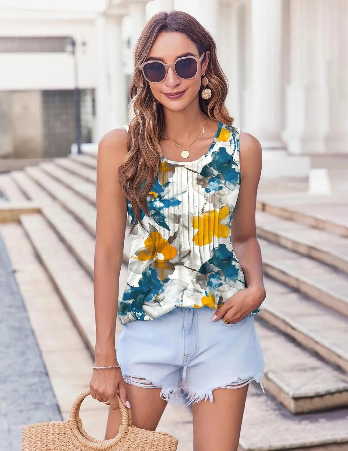Zeagoo Women's Tank Tops Pleated Floral Flowy Boho Tunic Shirts