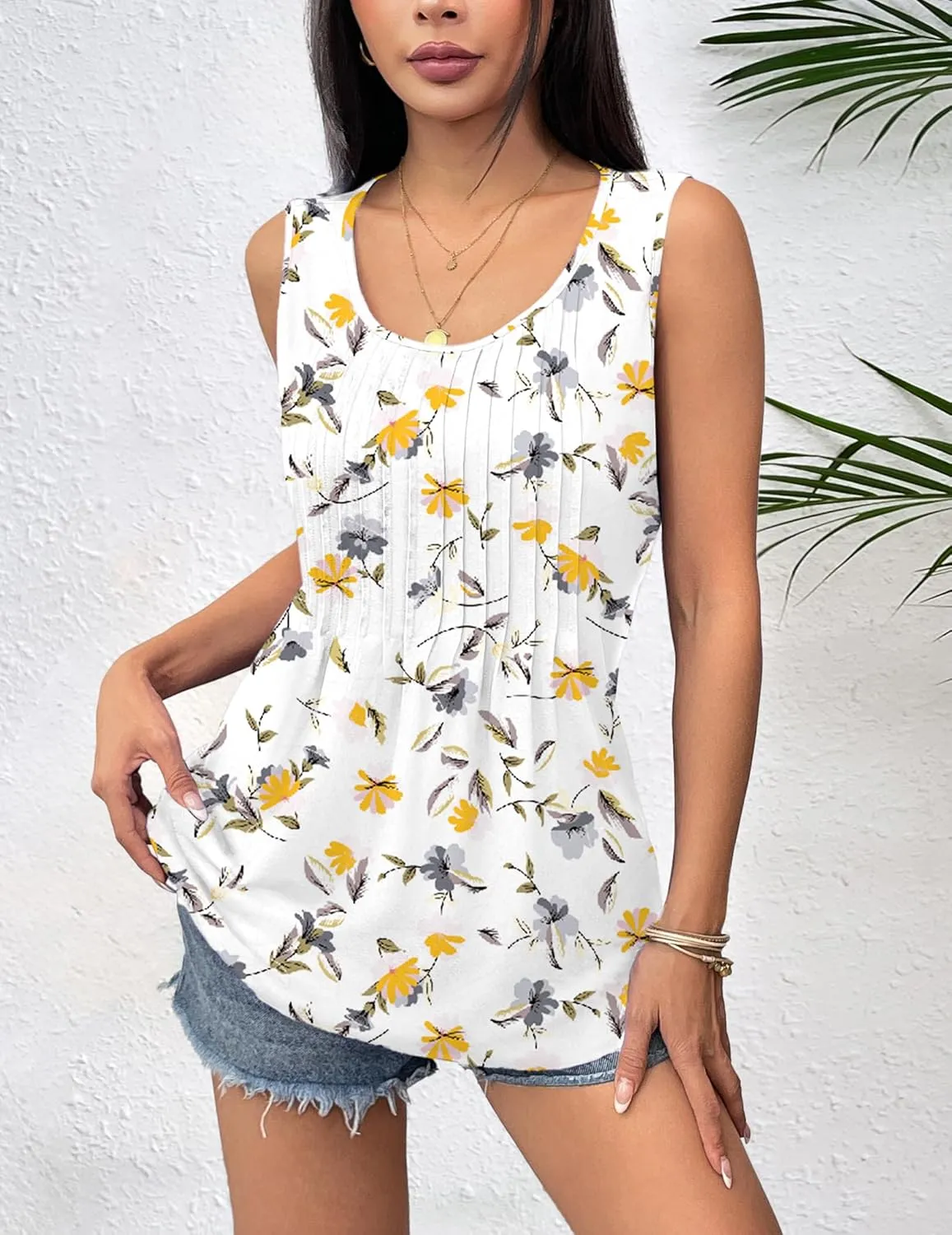 Zeagoo Women's Tank Tops Pleated Floral Flowy Boho Tunic Shirts