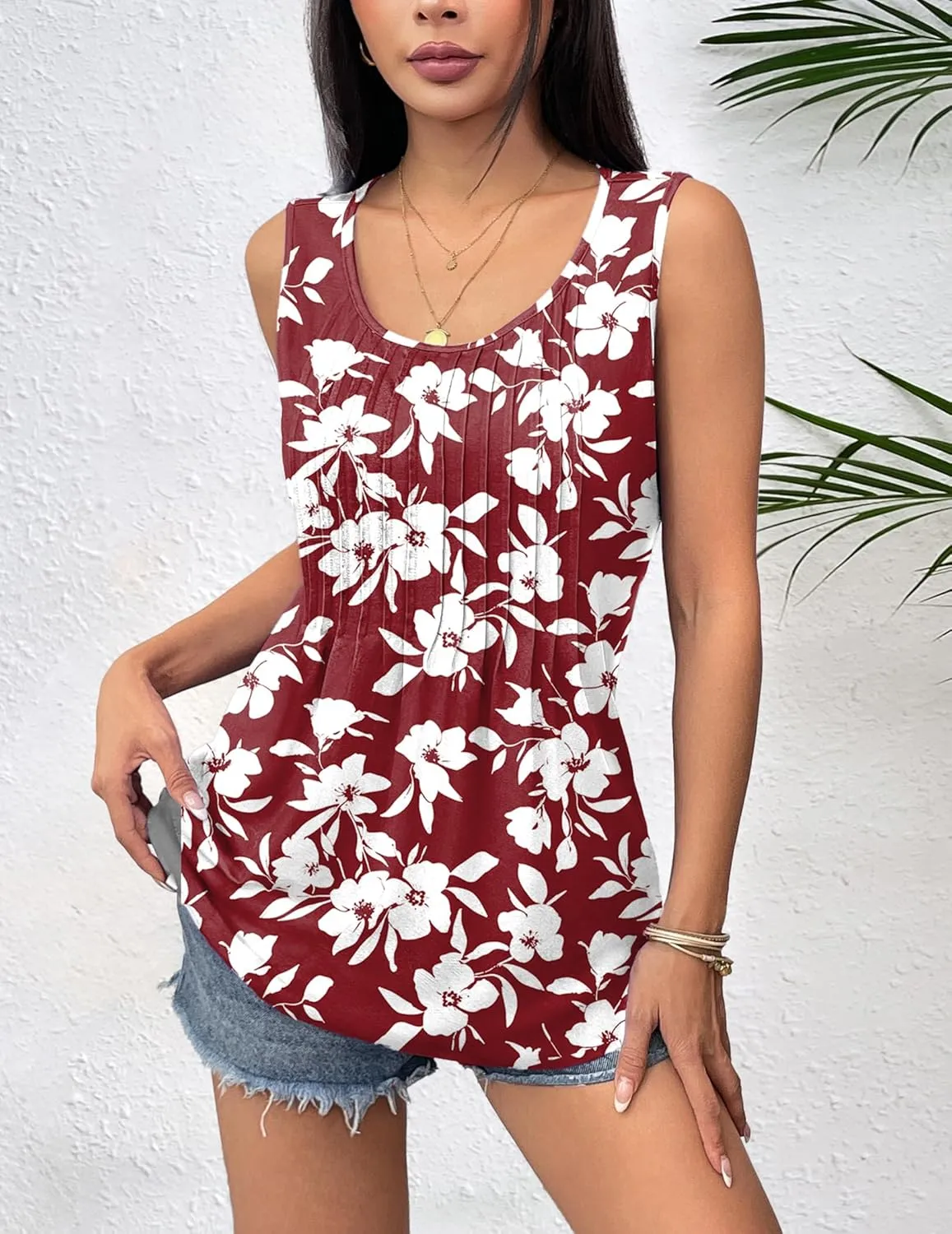 Zeagoo Women's Tank Tops Pleated Floral Flowy Boho Tunic Shirts