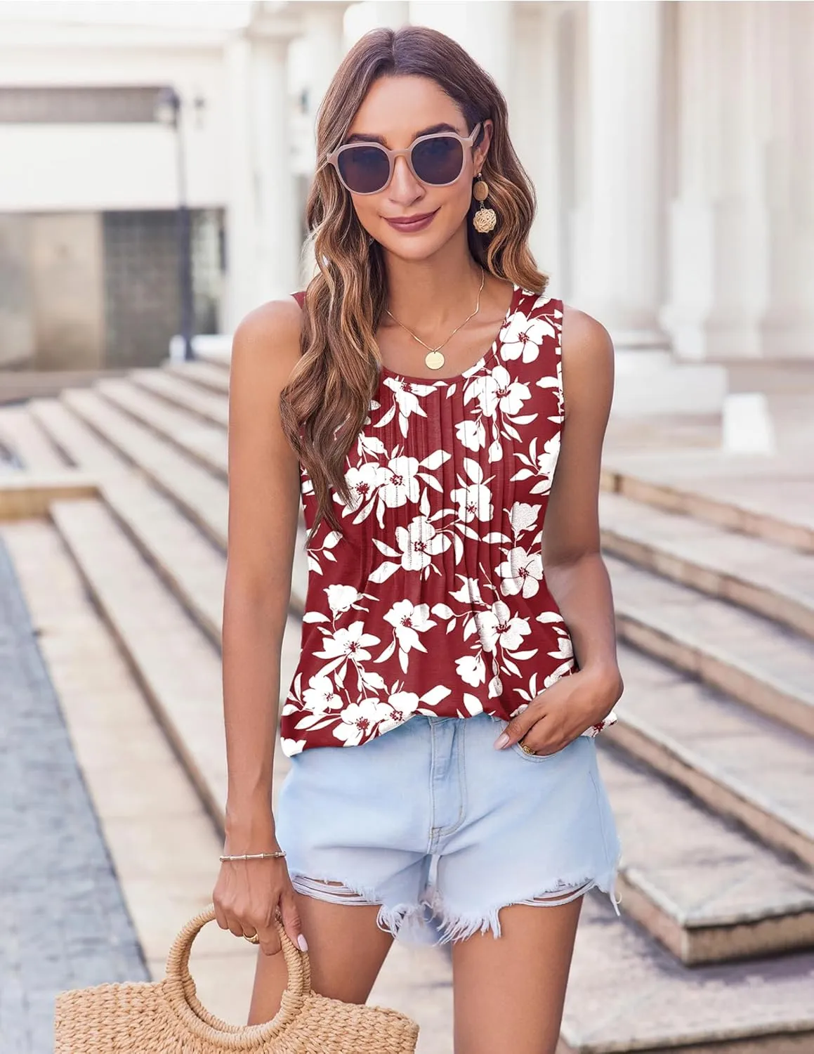 Zeagoo Women's Tank Tops Pleated Floral Flowy Boho Tunic Shirts
