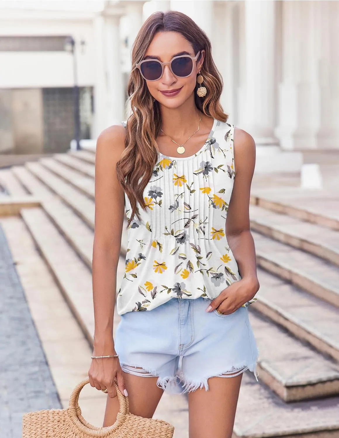 Zeagoo Women's Tank Tops Pleated Floral Flowy Boho Tunic Shirts
